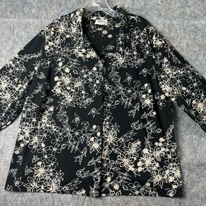 Maggie Barnes Jacket Women 3XW Petite Black Ivory Floral 3/4 Sleeve Ruffle Cuffs